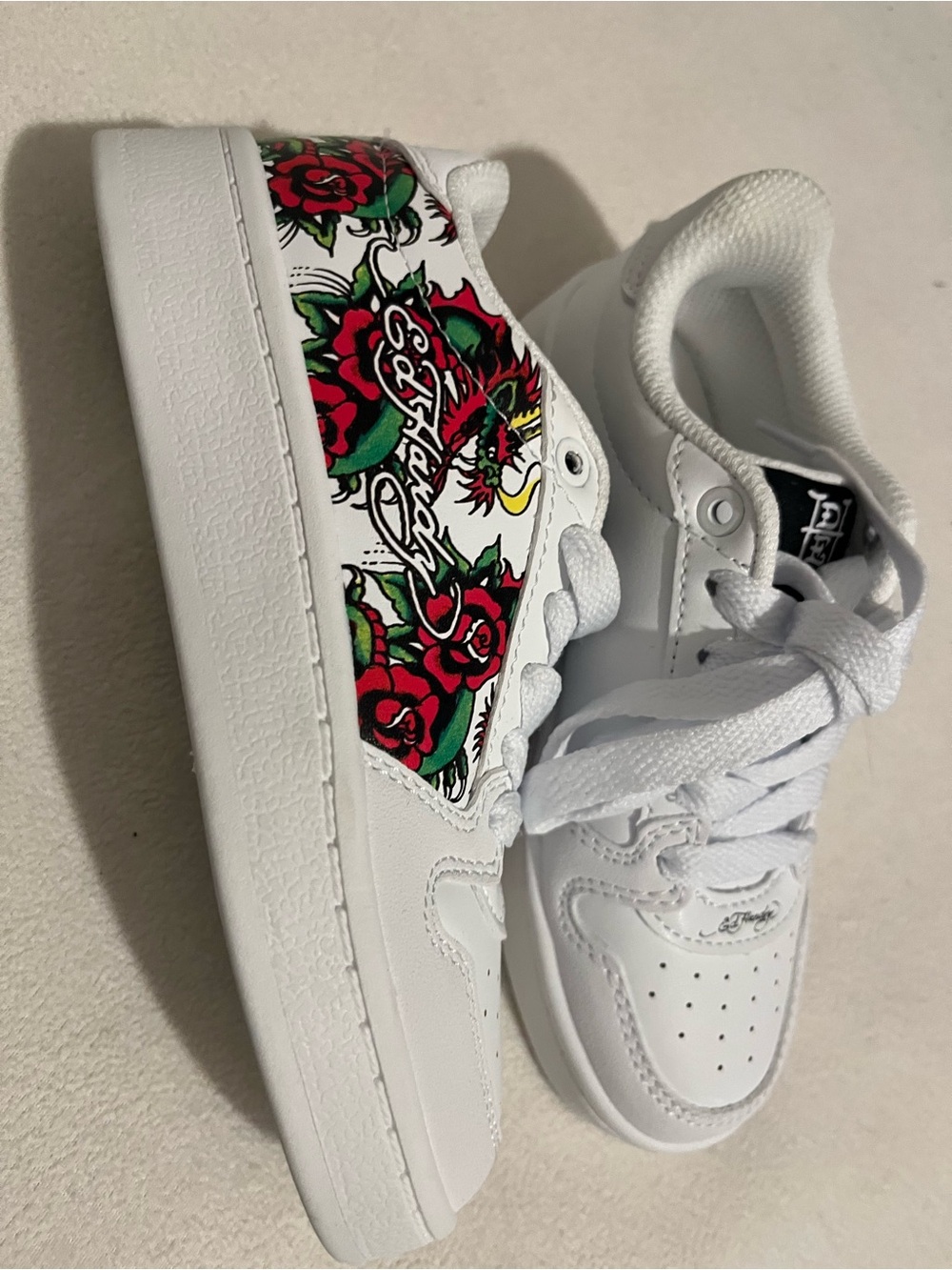 Ed Hardy Girls White Sneakers with Red and Green Rose Graphic